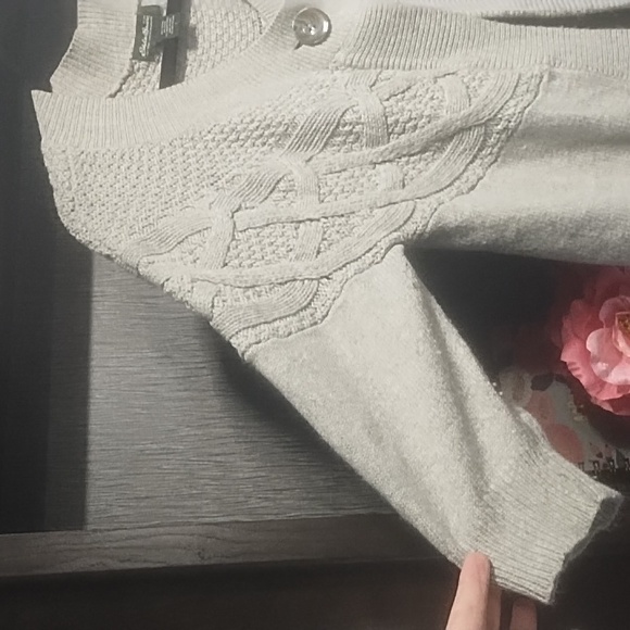 Eddie Bauer Cardigan Sweater Angora Cotton Blend Gray One Button Sz L - Picture 4 of 10